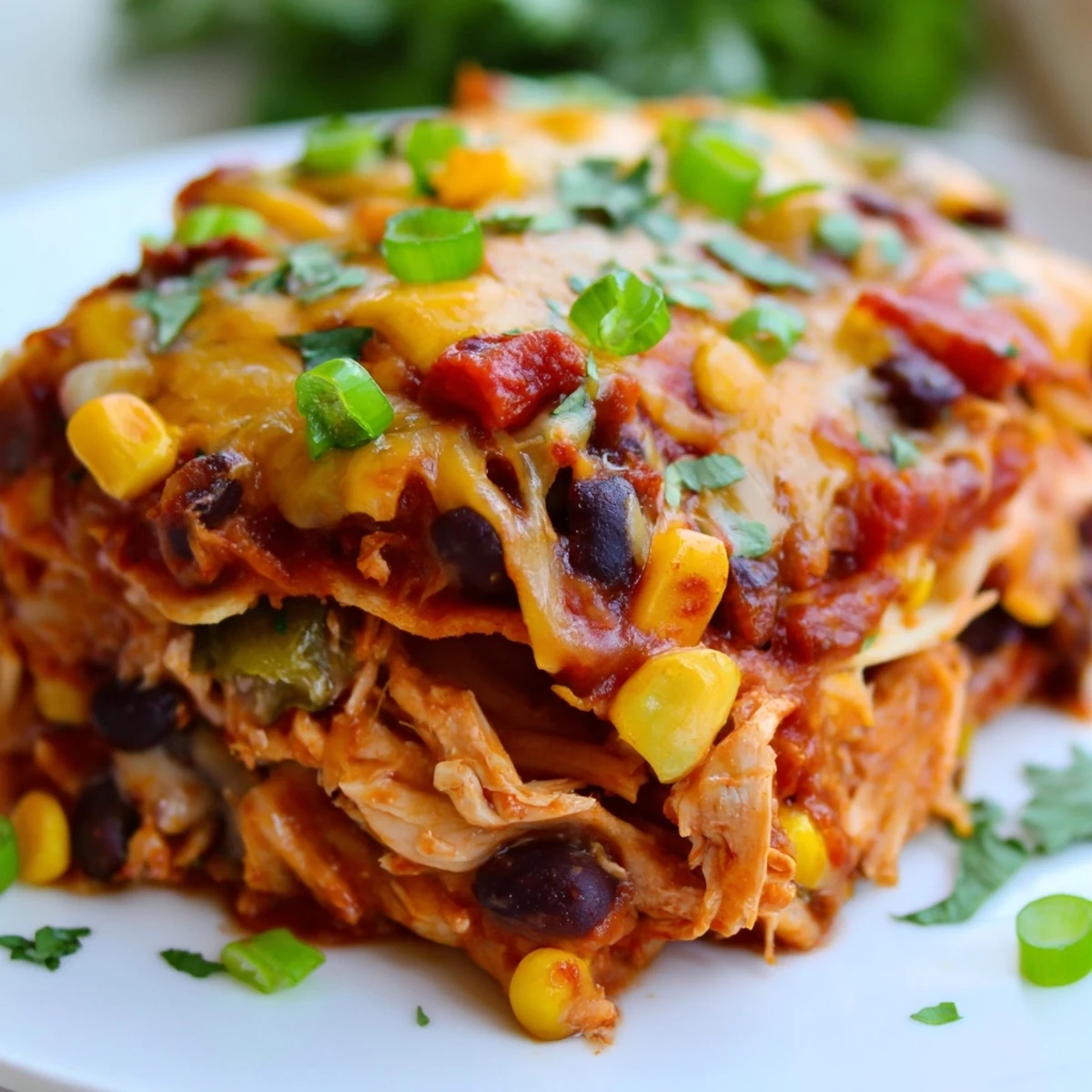 Golden slow cooker chicken enchilada casserole layered with melted cheese and corn tortillas