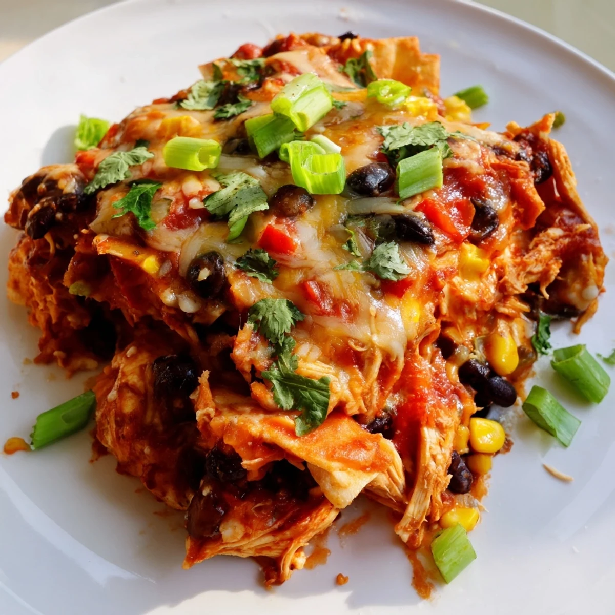 Serving of crockpot chicken enchilada casserole topped with fresh cilantro, sour cream and cheese