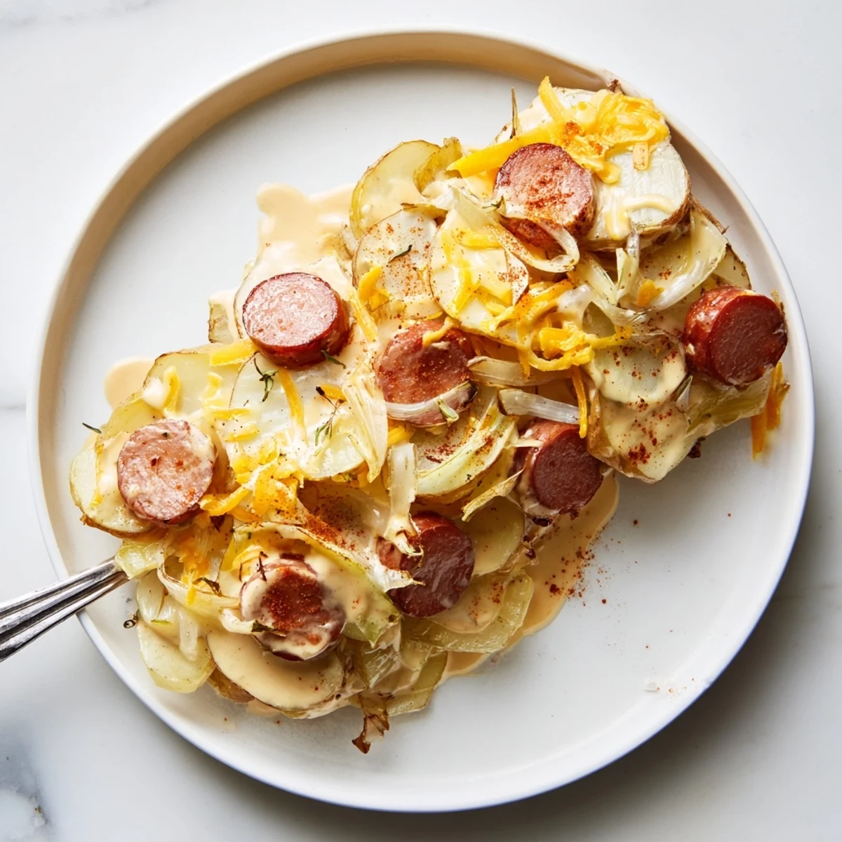 Tender sliced potatoes and smoky kielbasa bubbling in rich cheese sauce inside a slow cooker