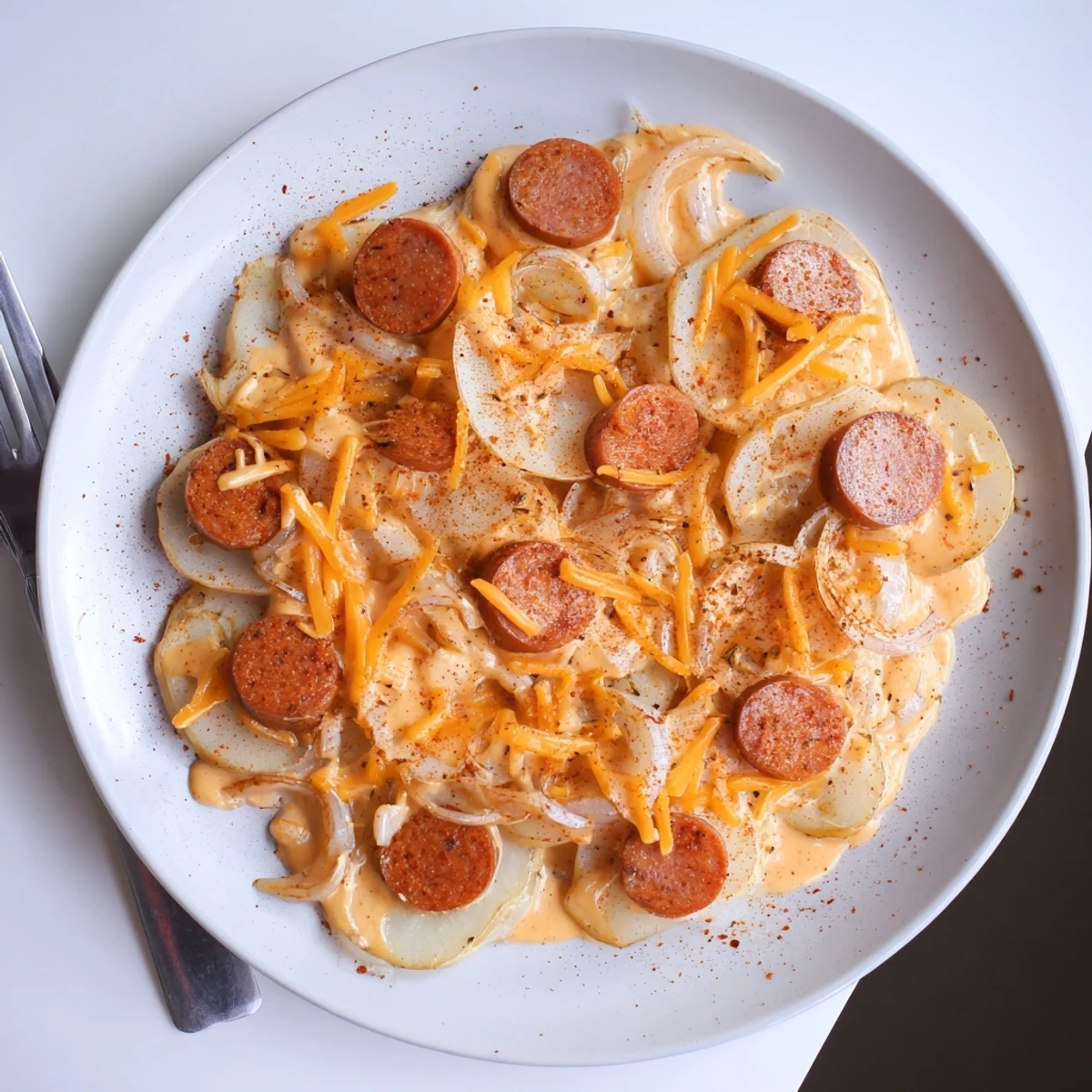 Slow cooker scalloped potatoes and kielbasa layered with melted cheddar cheese in a creamy sauce