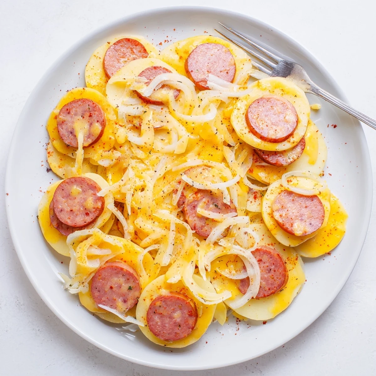 Hearty slow cooker scalloped potatoes with kielbasa featuring golden cheesy layers and tender potato slices