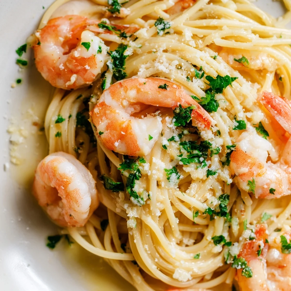 Golden shrimp scampi pasta tangled with lemon garlic butter sauce and fresh parsley