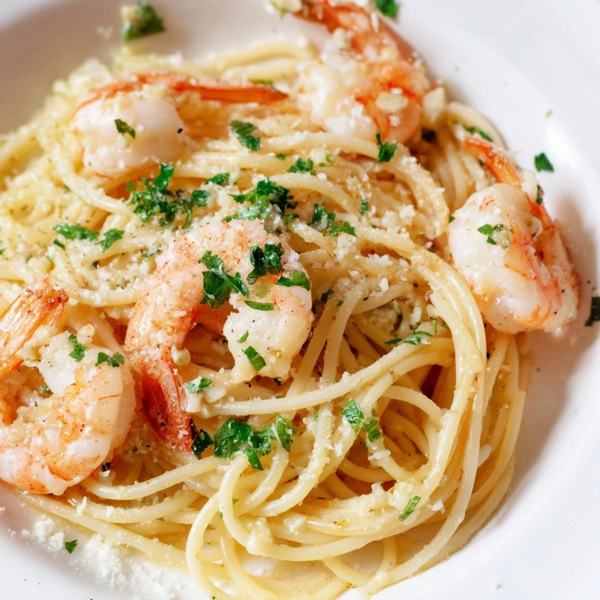 Creamy shrimp scampi pasta with garlic, lemon, and parsley garnished with Parmesan cheese