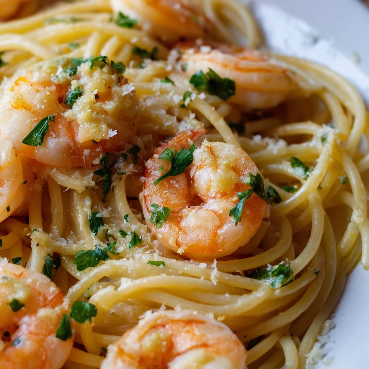 Al dente spaghetti tossed with plump shrimp in white wine lemon butter sauce