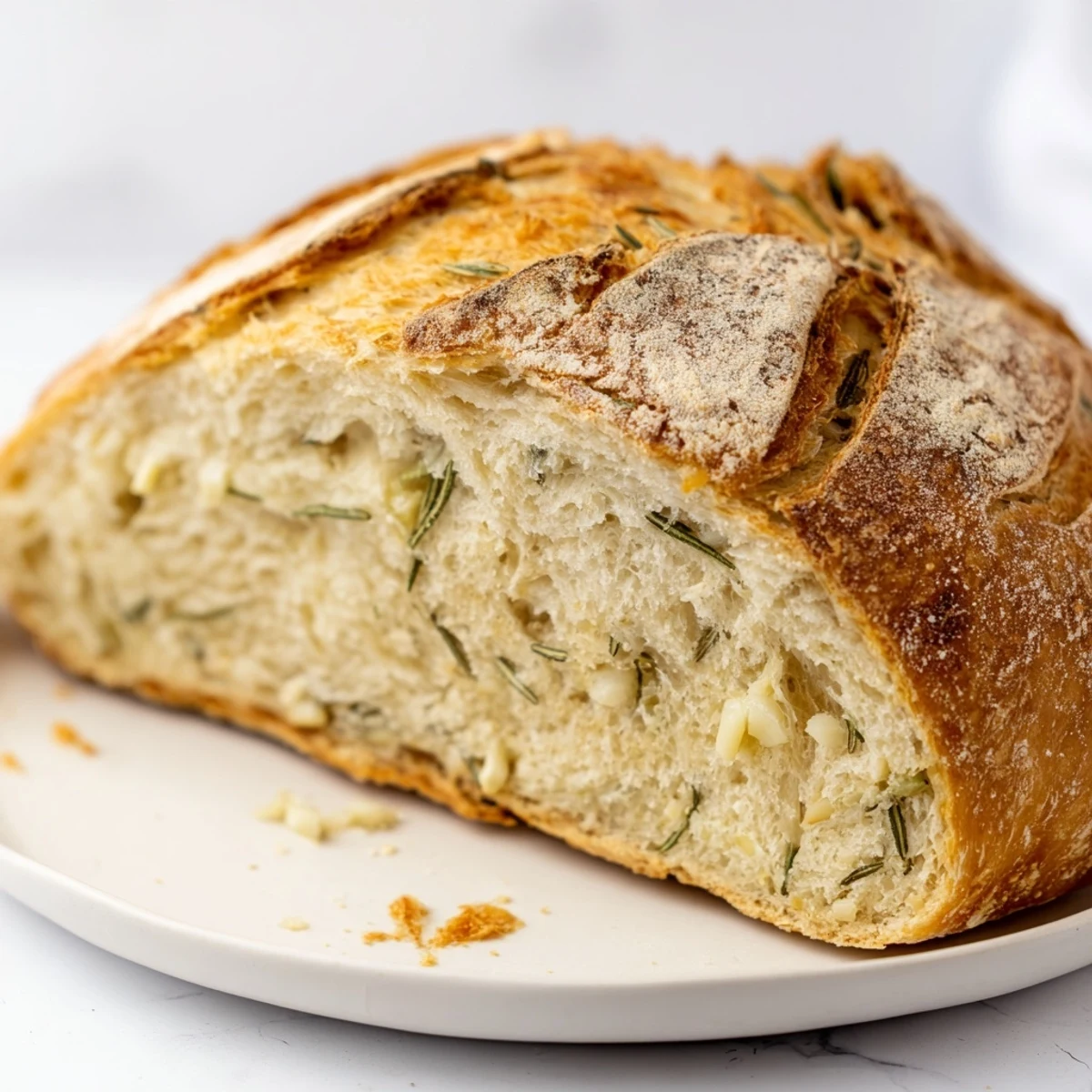 Golden crust loaf of Dutch Oven Garlic Rosemary Bread sprinkled with fresh herbs