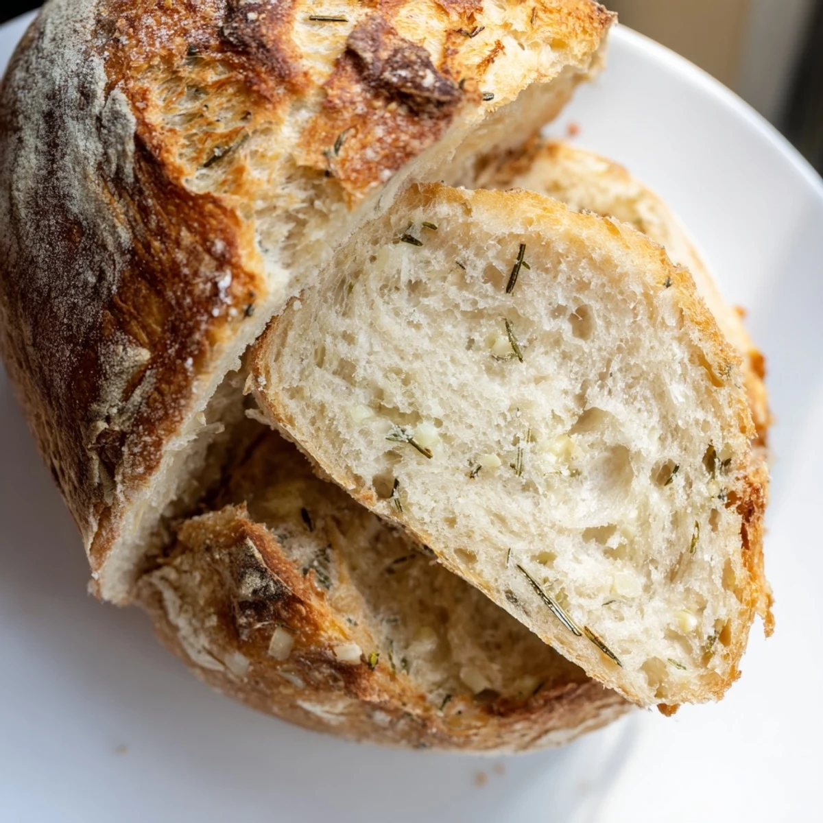 Rustic artisan Dutch Oven Garlic Rosemary Bread with cracked crust on wooden board