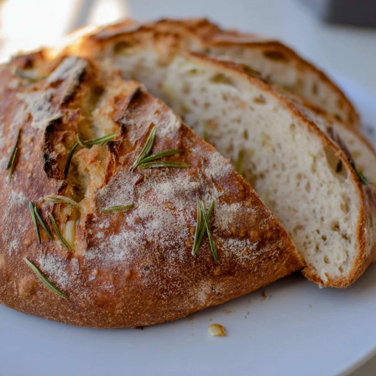 Sliced warm Dutch Oven Garlic Rosemary Bread revealing soft aromatic interior texture