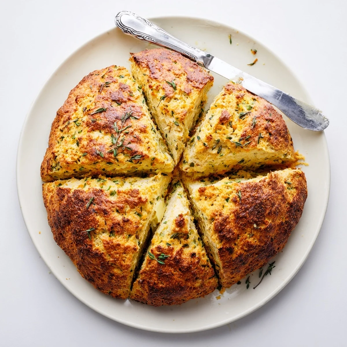 Rustic homemade soda bread studded with sharp cheddar cheese and chopped parsley, chives, and thyme