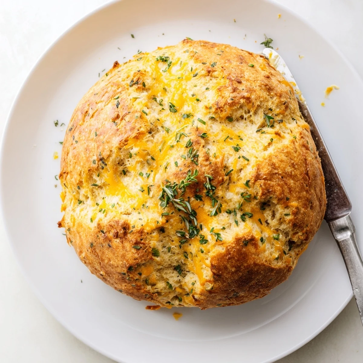 Golden cheddar and herb soda bread loaf with a cross-patterned crust, fresh herbs visible throughout