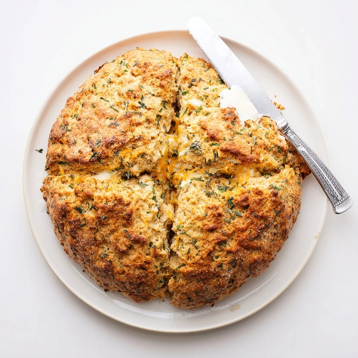 Warm sliced soda bread revealing melted cheddar pockets and fragrant herb flecks, served with butter