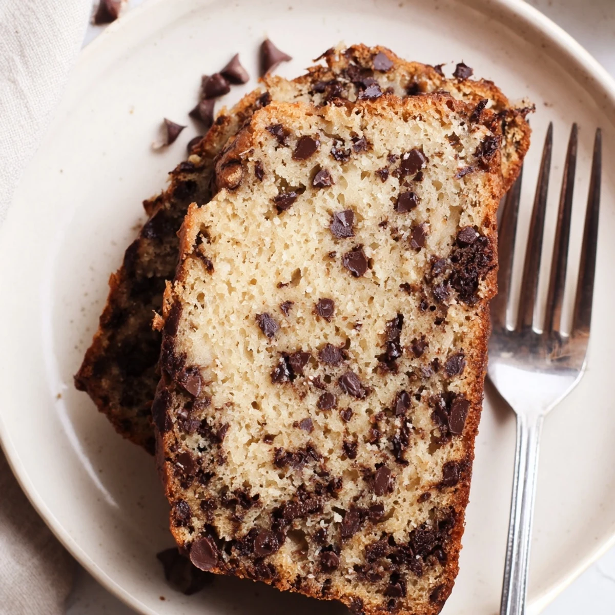 Thick slice of chocolate chip banana bread served on a white plate with scattered chips