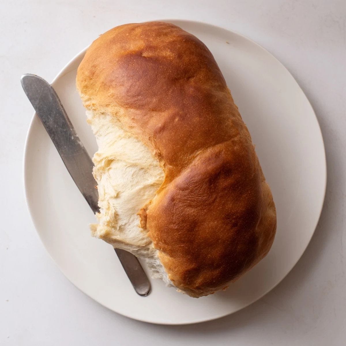 Golden brown homemade Amish white bread loaf sliced fresh with melting butter pat