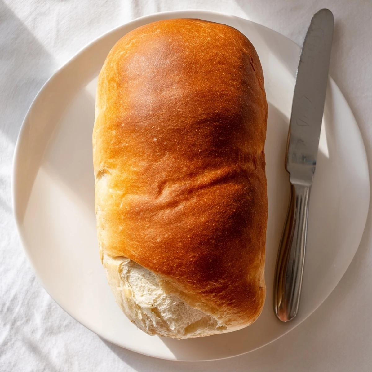 Two fluffy loaves of homemade Amish white bread cooling on wire rack