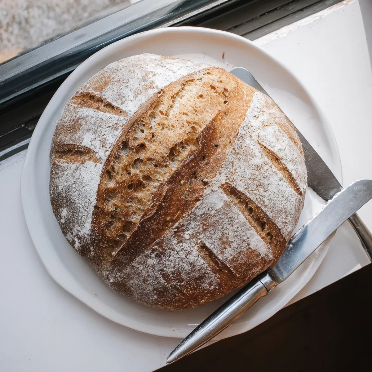 Golden brown sourdough bread loaf with crisp crust and chewy interior on wooden board
