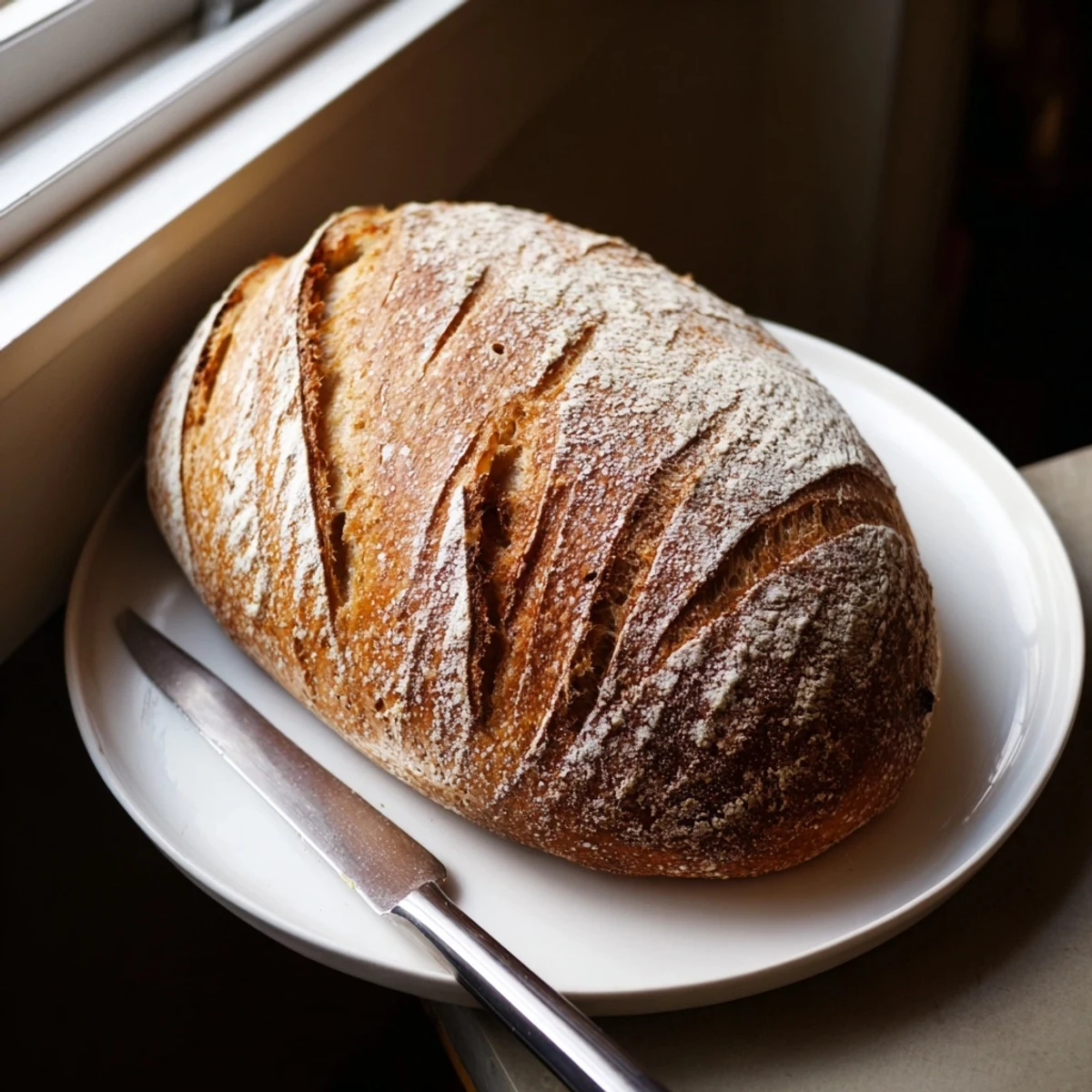 Freshly baked sourdough bread cooling on wire rack with deep golden crackly crust