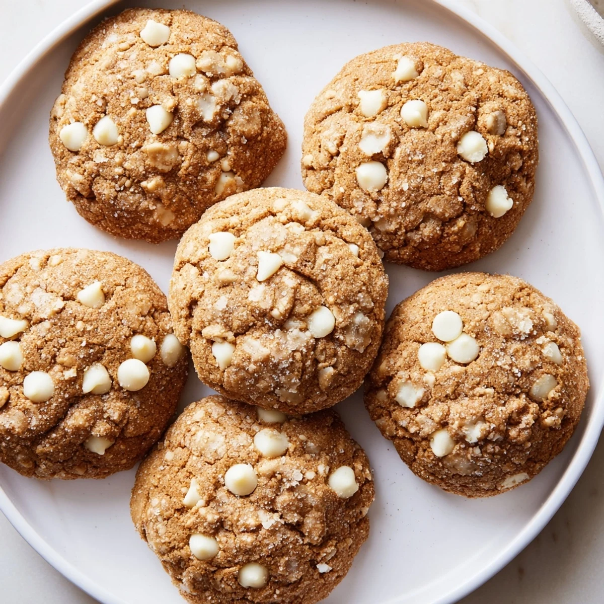 Soft bakery gingerbread white chocolate cookies with melted chips on a wooden board