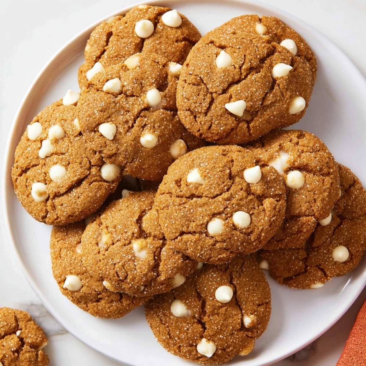 Golden gingerbread white chocolate cookies dusted with sugar on a parchment-lined baking sheet