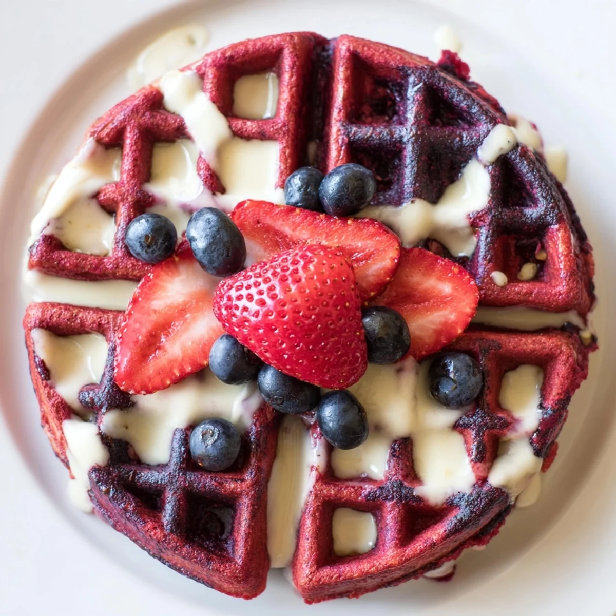 Decadent marbled waffles featuring crimson red velvet batter swirled with light vanilla for beautiful contrast