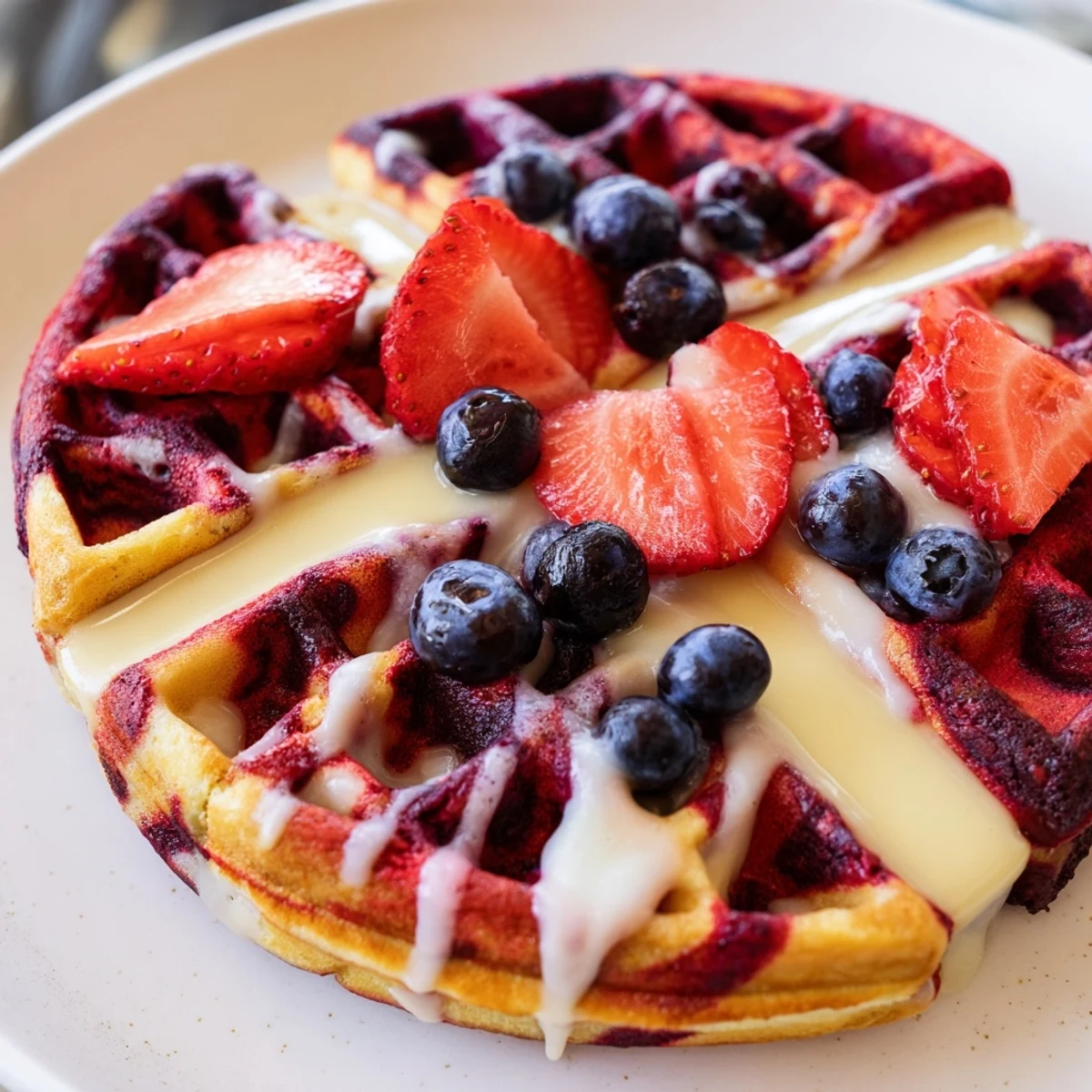 Stack of crisp red velvet marble waffles drizzled with cream cheese glaze and fresh berries