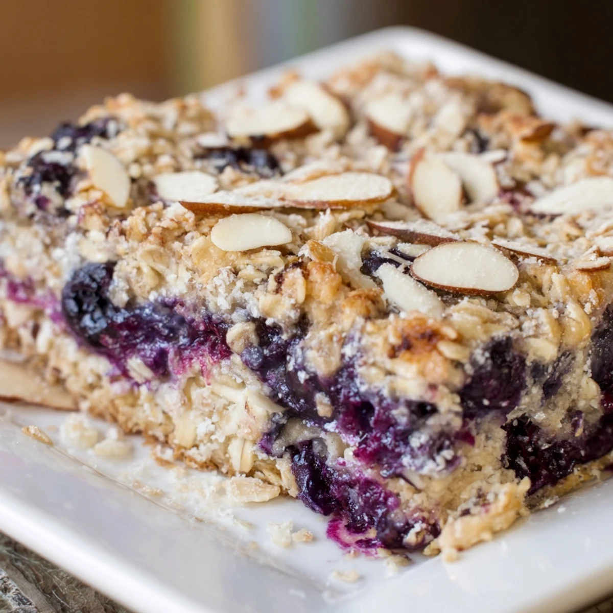 Sliced blueberry cottage cheese breakfast bake served warm on a white plate