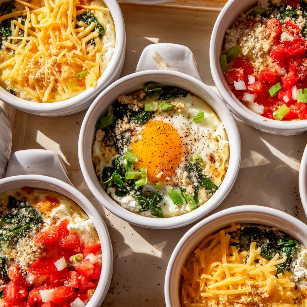 Golden baked cottage cheese eggs with melted cheese topping and fresh spinach in individual ramekins