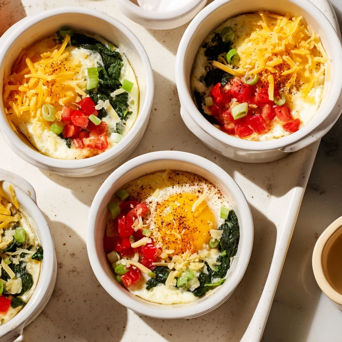 Wholesome baked cottage cheese eggs sprinkled with paprika and cheddar, served hot in small baking dishes