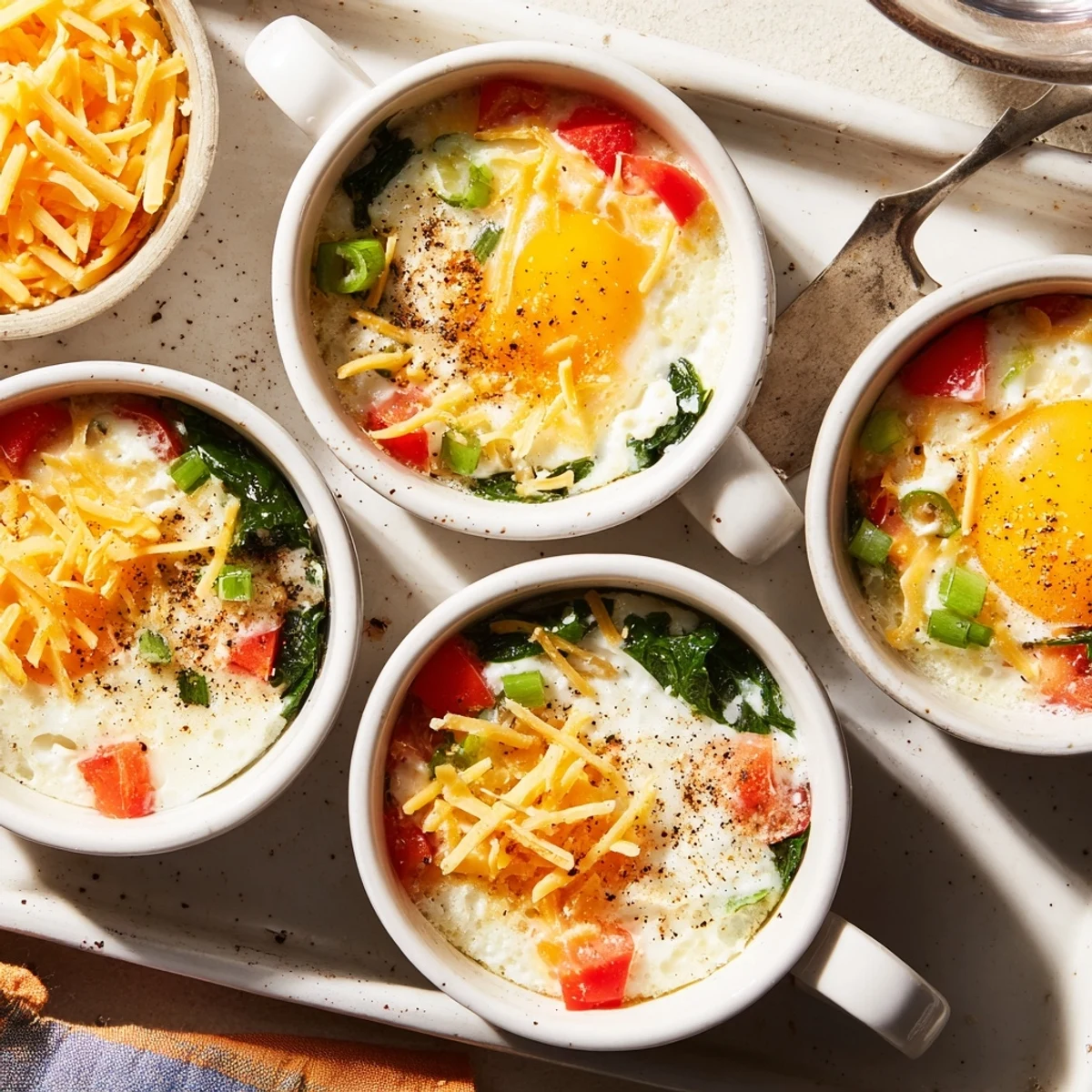 Creamy baked cottage cheese eggs featuring runny yolks, diced tomatoes, and scallions for a protein-packed breakfast