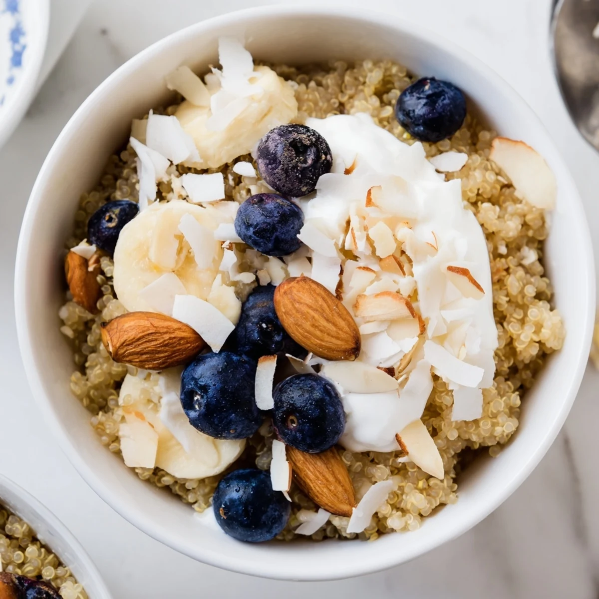 Vibrant blueberry quinoa breakfast bowl topped with fresh fruit, creamy yogurt, and crunchy nuts