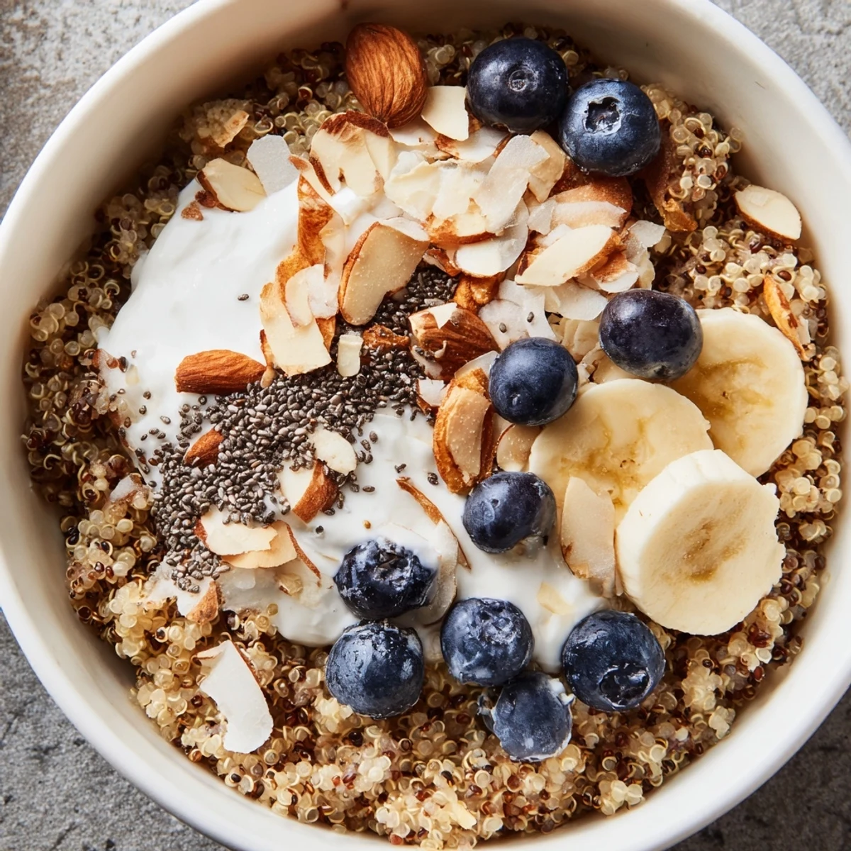 Steamy blueberry quinoa breakfast bowl arranged in a white serving dish with banana slices