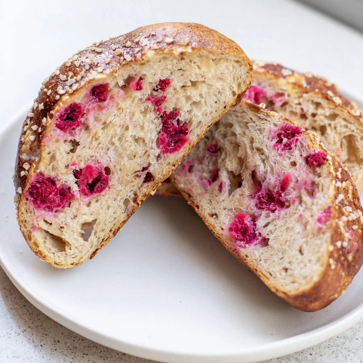 Golden raspberry sourdough bagels fresh from the oven with a chewy texture