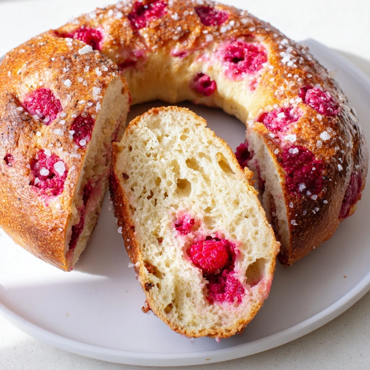 Tangy sourdough bagels dotted with bright red raspberries on a wooden board