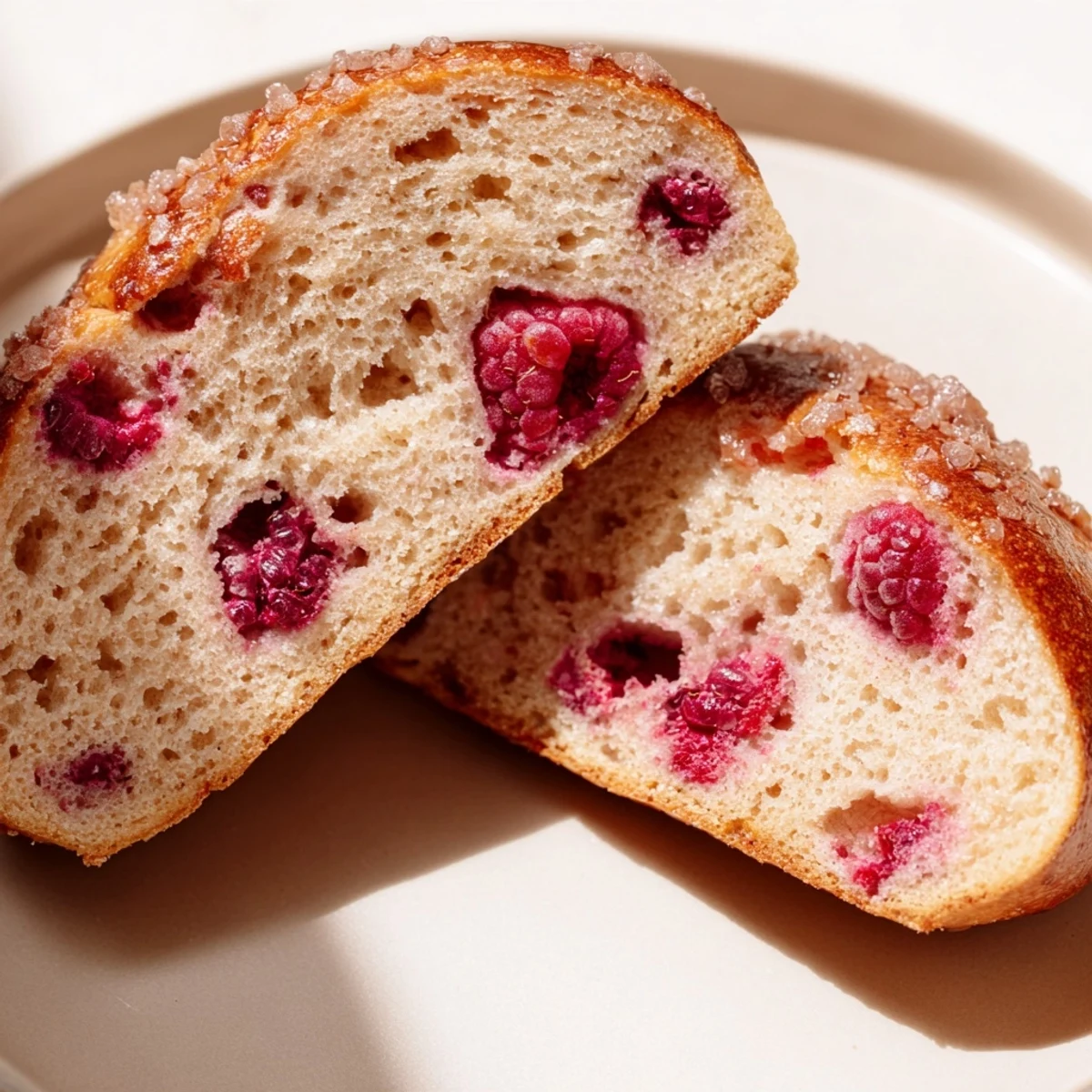 Hand-shaped raspberry bagels sprinkled with demerara sugar ready for breakfast slicing