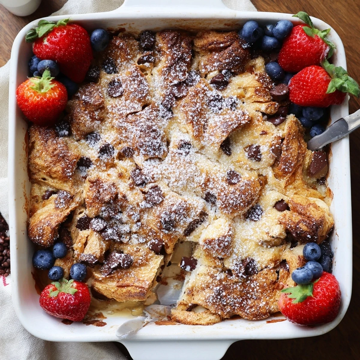 Golden brown chocolate croissant breakfast bake with melted chocolate chips and powdered sugar dusting