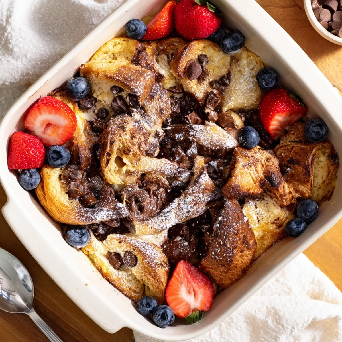 Baked croissant breakfast casserole featuring custard-soaked pastry and semi-sweet chocolate chunks