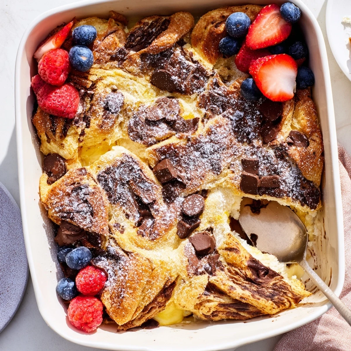 Warm chocolate croissant breakfast bake served in a square dish with fresh berry garnish