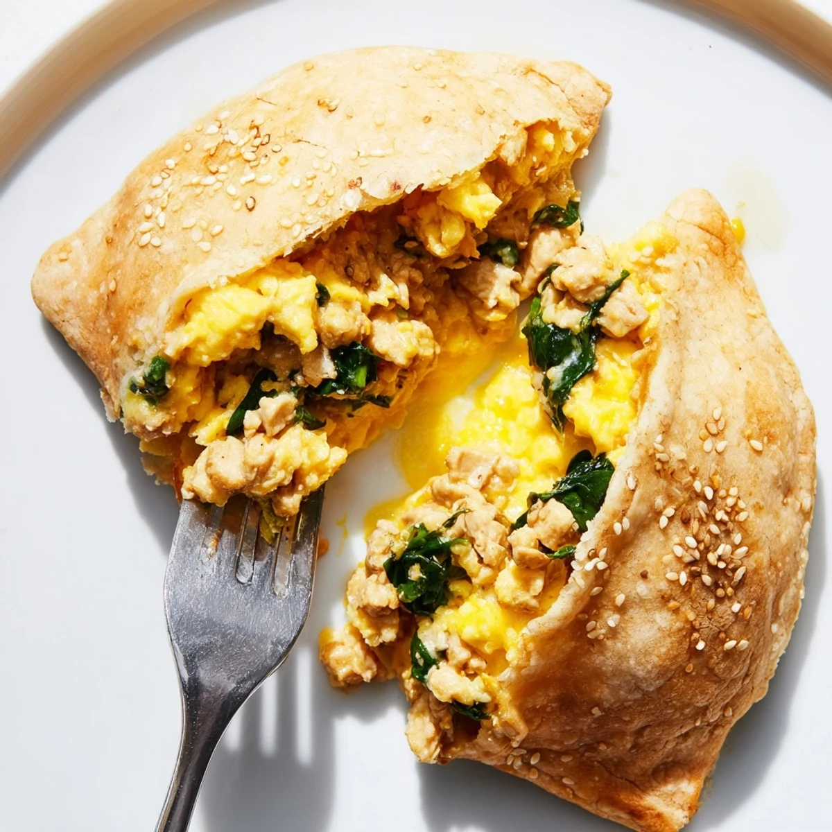 Golden high protein breakfast hot pockets with melted cheese and turkey filling