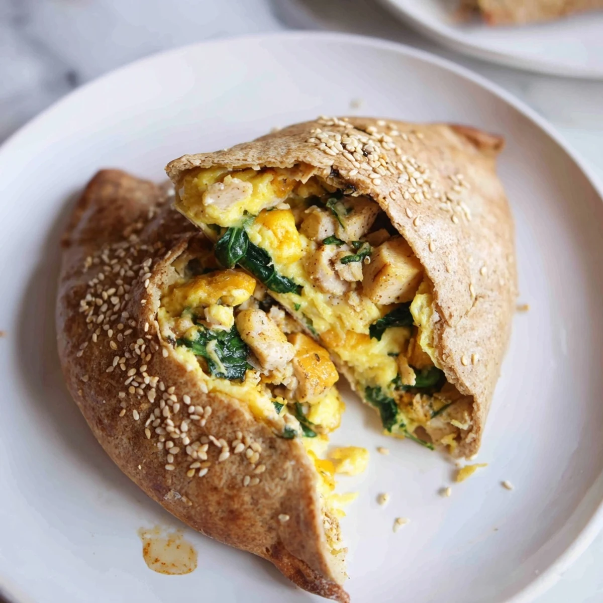 Whole wheat high protein breakfast hot pockets filled with scrambled eggs and spinach