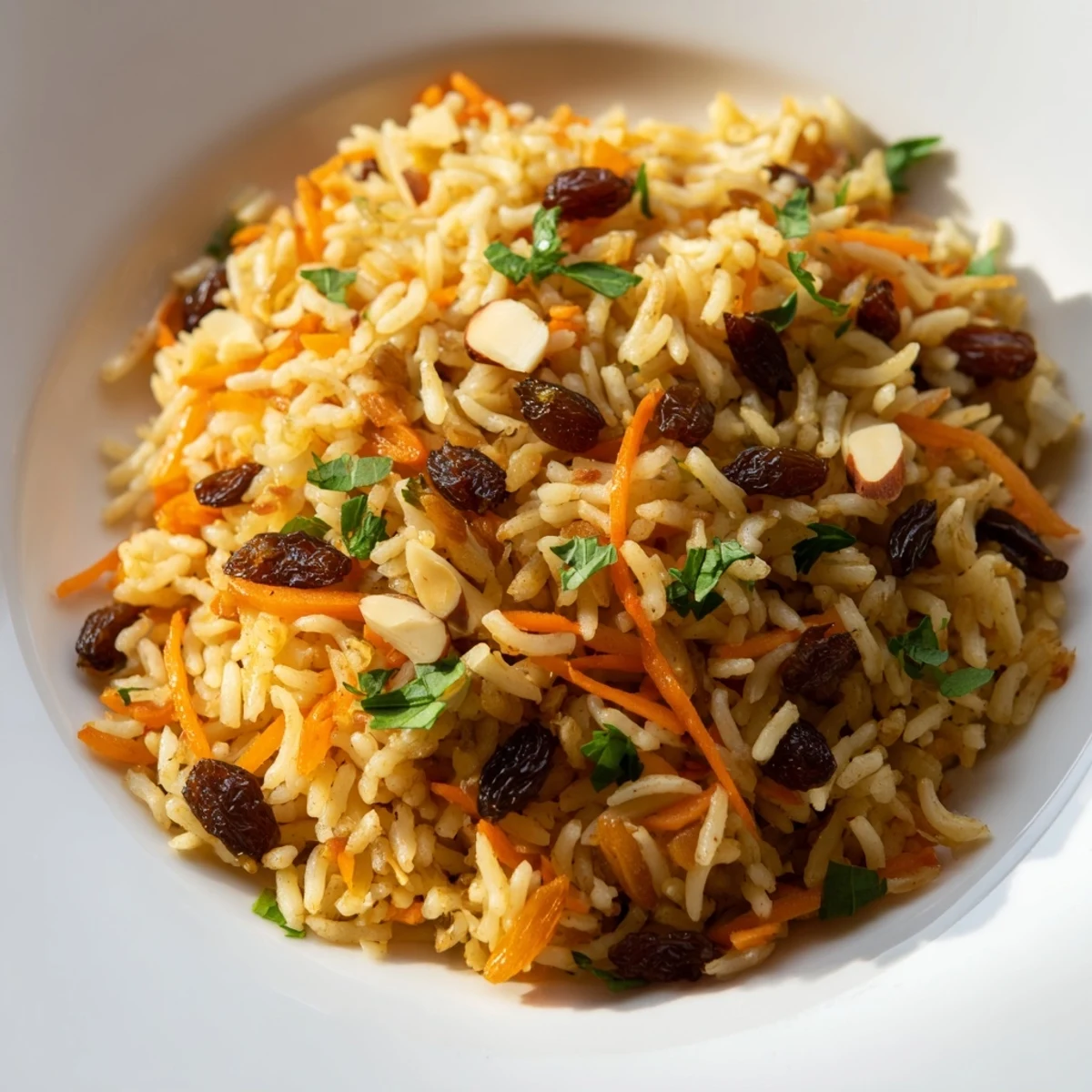 Afghan rice steamed with fragrant spices, golden carrots, and plump sweet raisins
