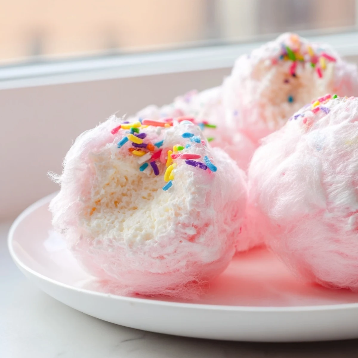 Pink cotton candy cheesecake puff balls on a white serving plate with sprinkles