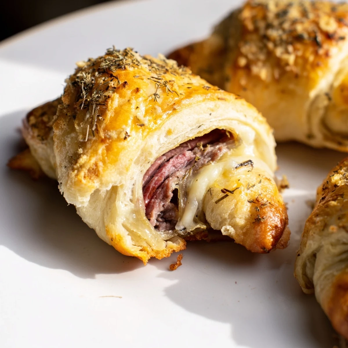 Golden beef and cheese French dip roll ups with savory au jus sauce