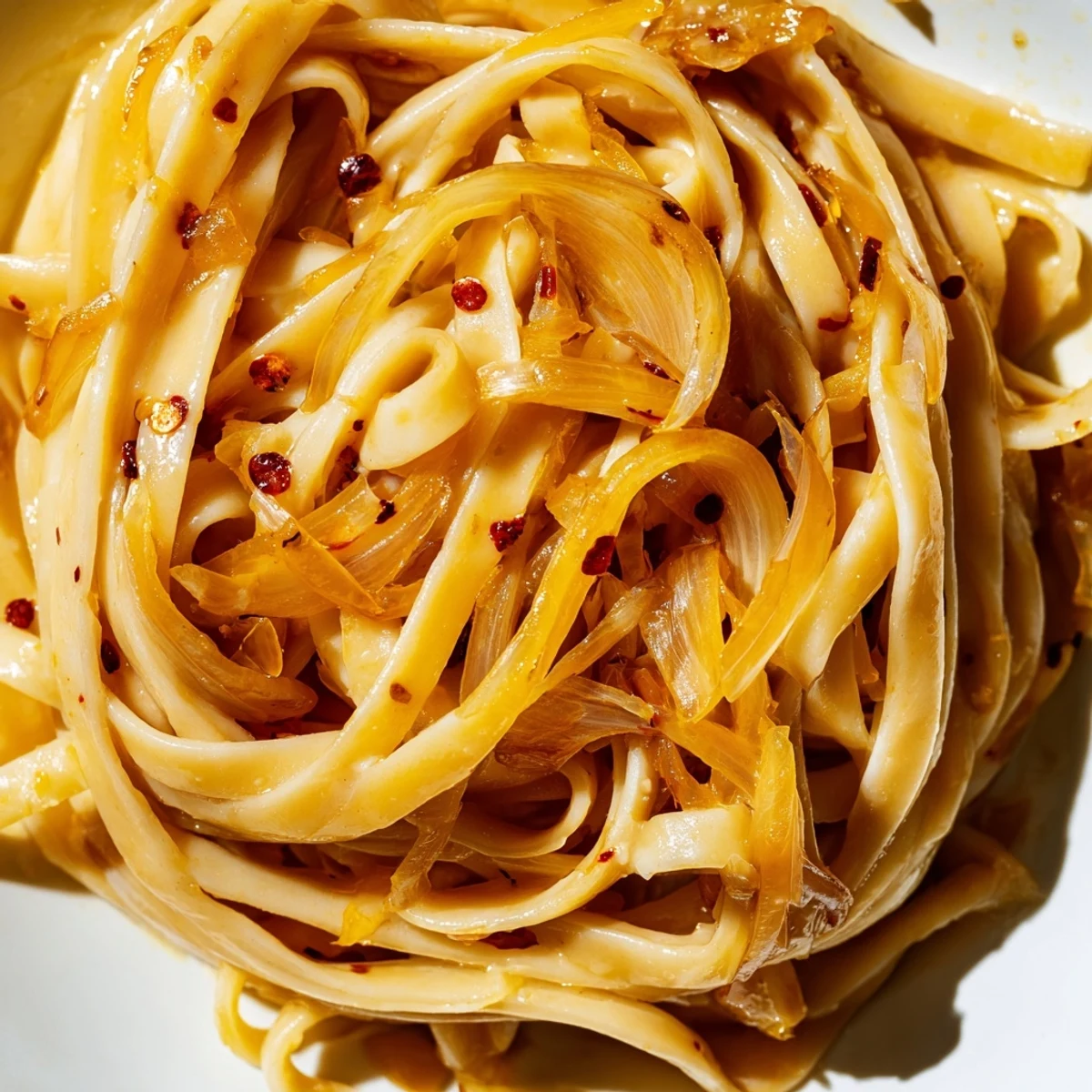 Creamy Sweet Heat Caramelized Onion Fettuccine twirled in a white bowl with fresh parsley garnish