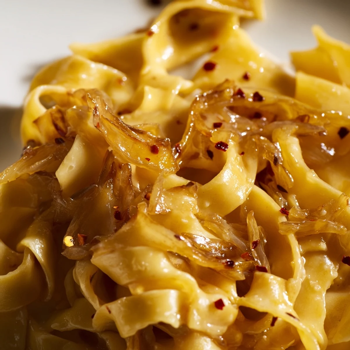 Golden caramelized onions coat Sweet Heat Caramelized Onion Fettuccine with velvety cream sauce and parmesan