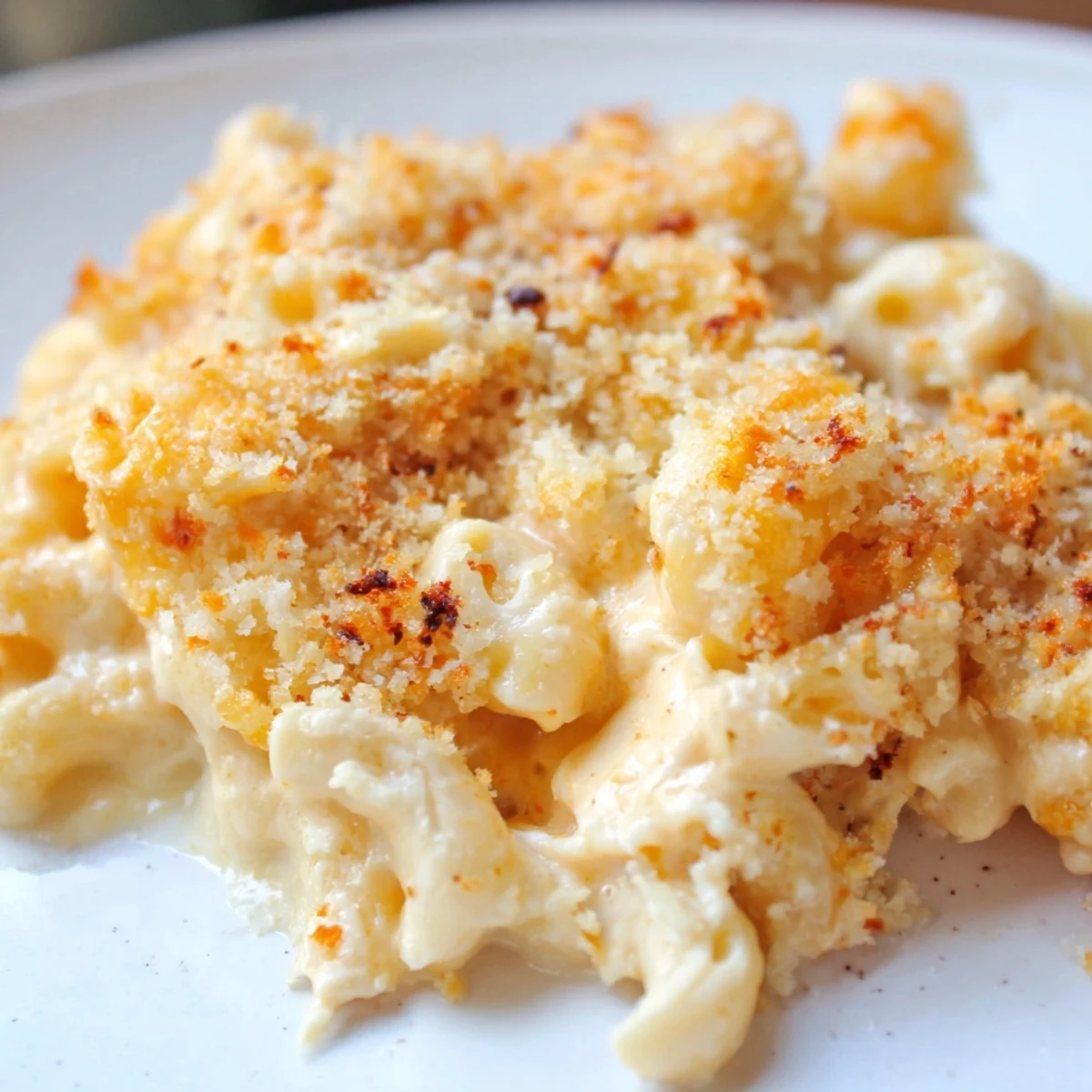 Creamy three cheese baked macaroni with golden panko topping served steaming in a baking dish