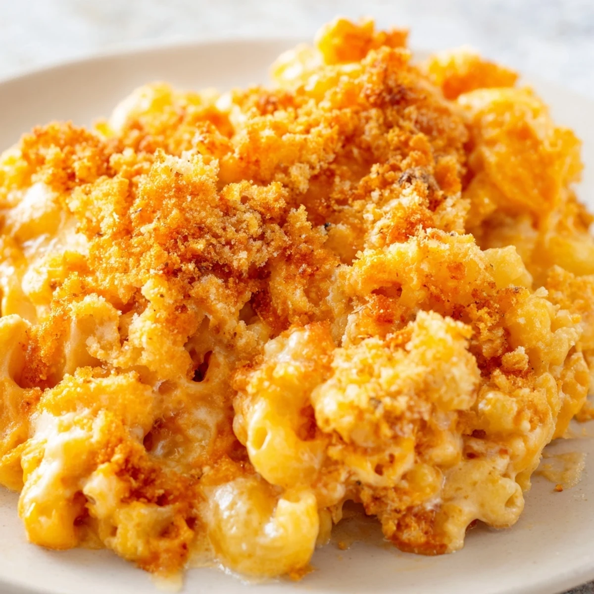 Bubbling three cheese baked macaroni with melted mozzarella and crispy breadcrumb crust close-up view