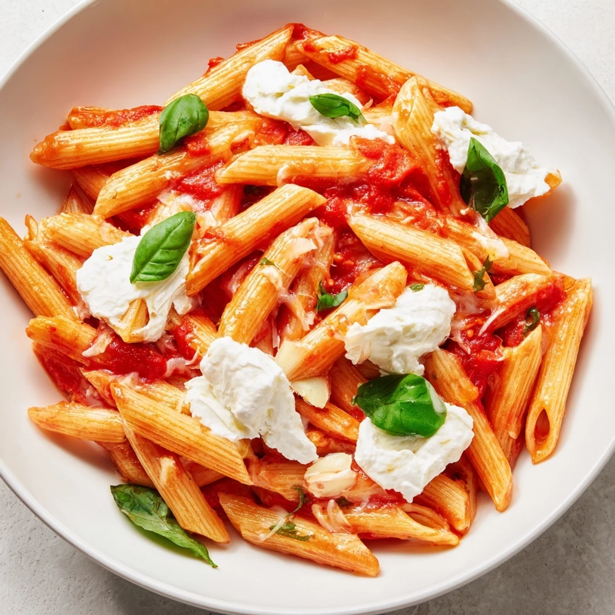 Creamy Tomato Garlic Ricotta Penne in a vibrant red sauce with fresh basil and Parmesan