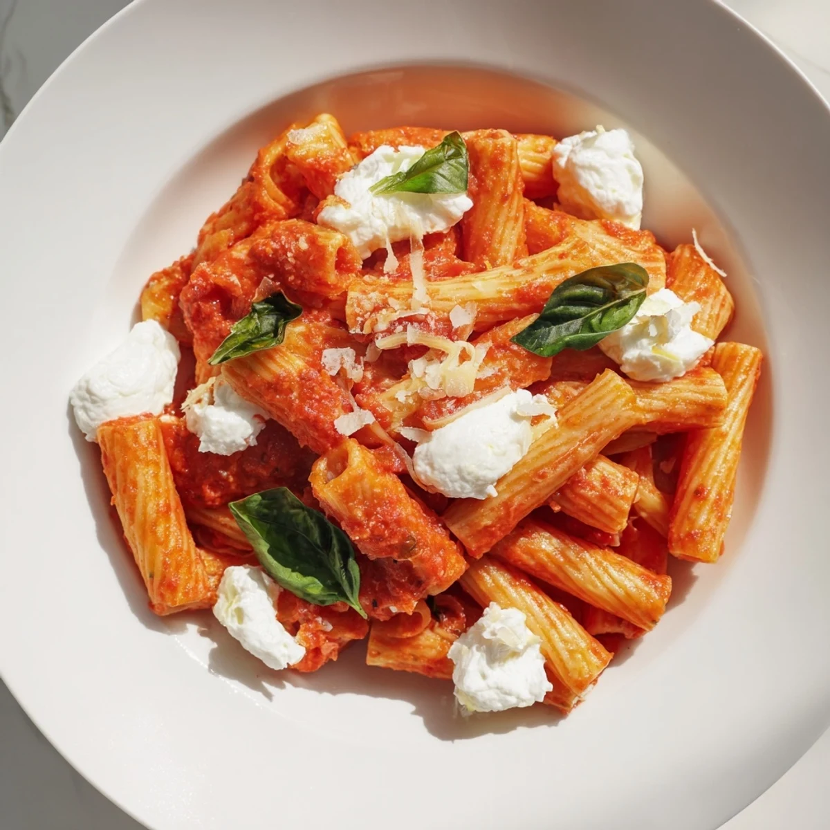 Warm bowl of Tomato Garlic Ricotta Penne topped with dollops of creamy cheese