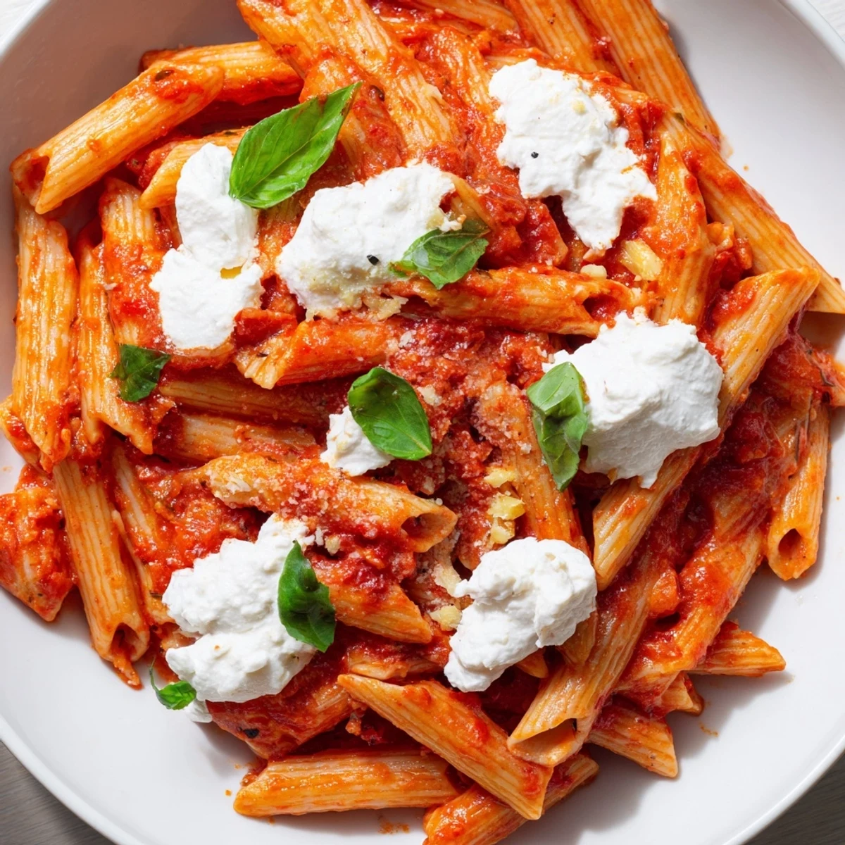 Tender penne pasta coated in rich Tomato Garlic Ricotta sauce with fragrant basil leaves