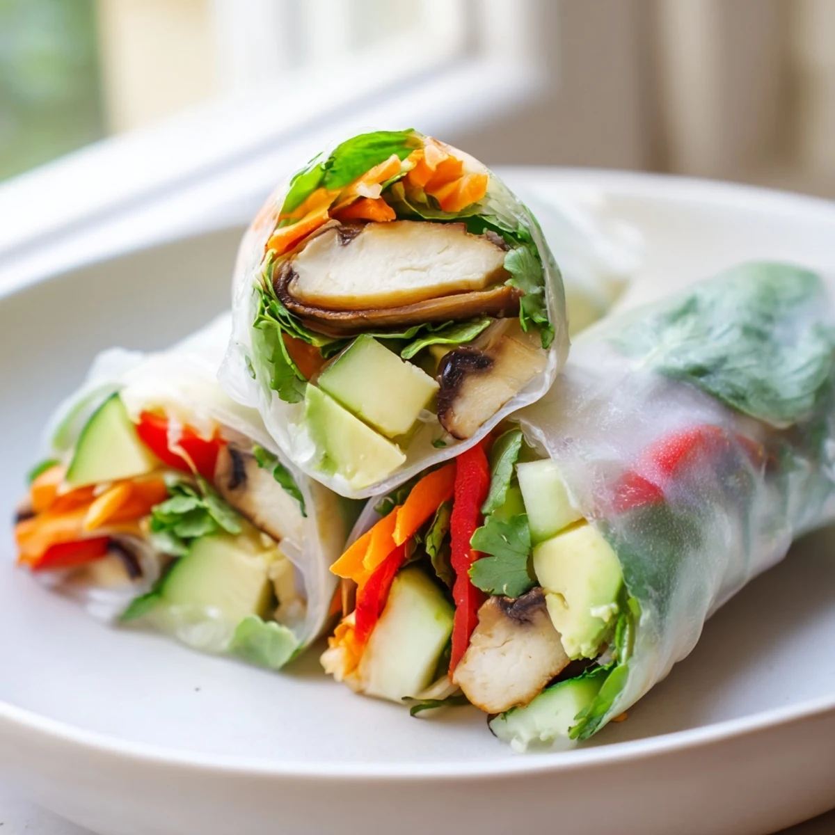 Avocado shiitake spring rolls arranged on a plate with colorful vegetables and dipping sauce