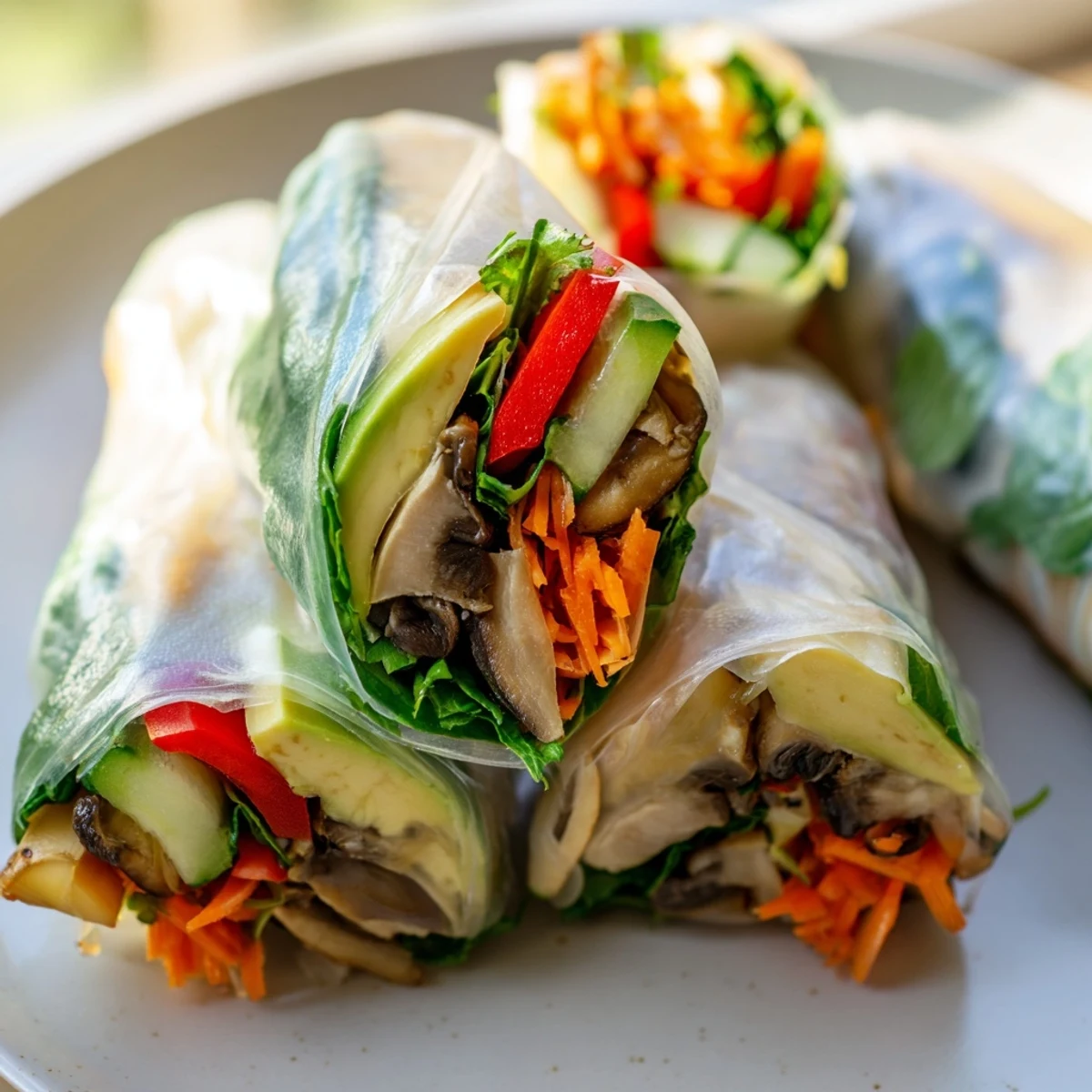 Creamy avocado shiitake spring rolls showcasing translucent rice paper wrapped around fresh crisp vegetables