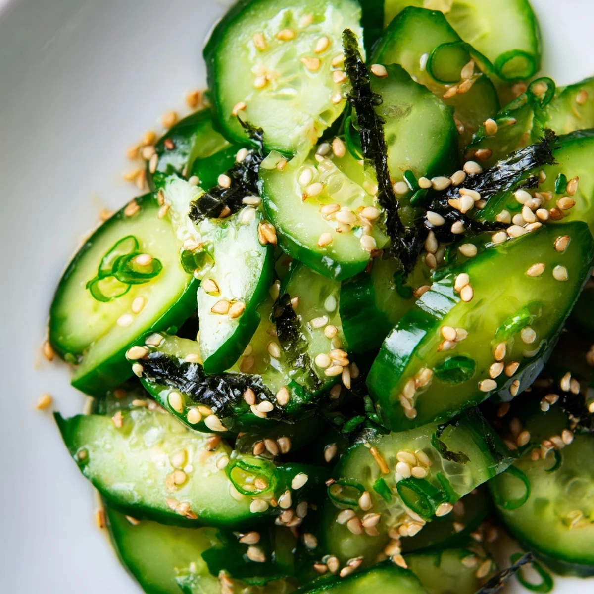 Crisp sushi cucumber salad in a bowl with nori strips and sesame seeds